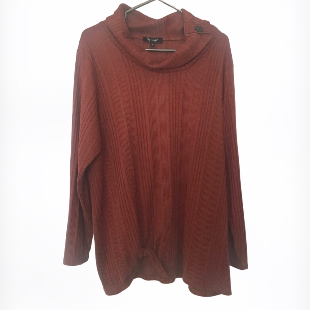 LILY MORGAN Ribbed Rust Knit Cowl Neck Button Collar Sweater Size 1X